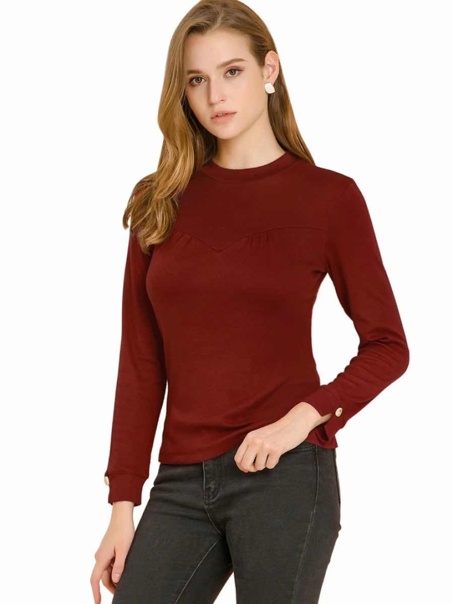 Red Knit Cotton Casual T-Shirt for Women - Crewneck Split Sleeve Solid Blouse