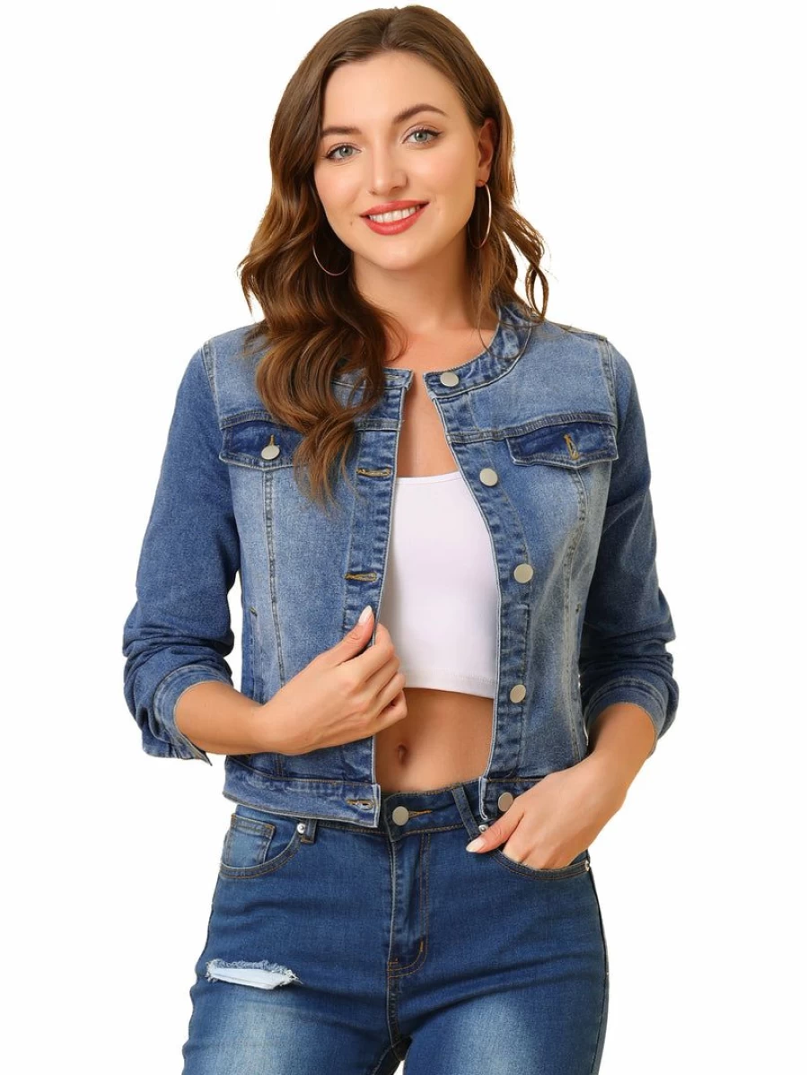 Women's Blue Denim Jacket - Collarless Long Sleeve Button Down Jean Coat