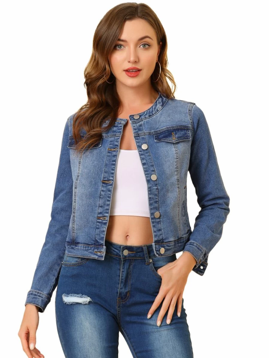 Women's Blue Denim Jacket - Collarless Long Sleeve Button Down Jean Coat