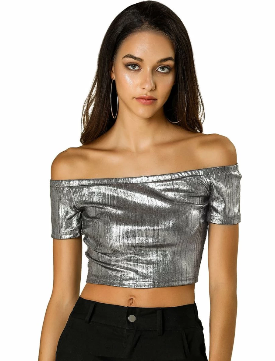 Metallic Shiny Off Shoulder Crop Top for Women - Glam Party Club Wear