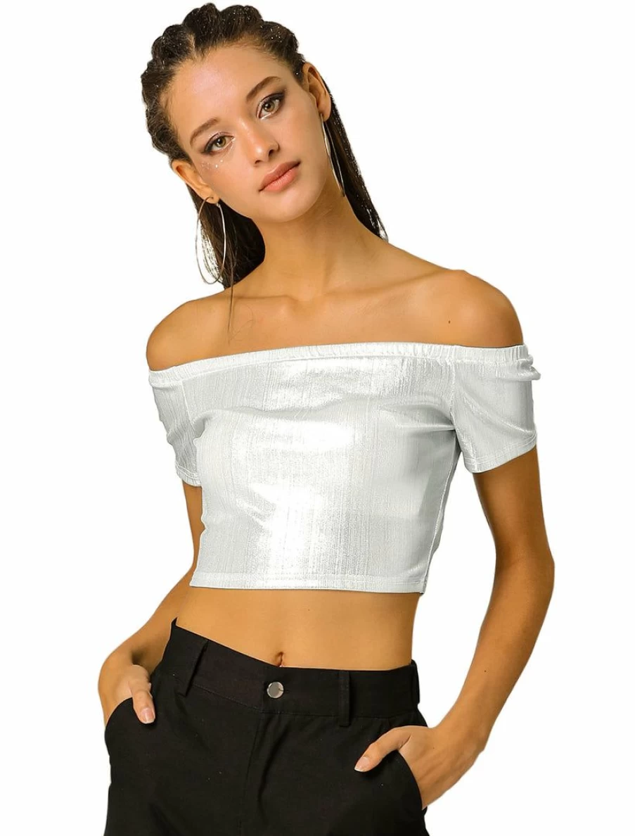 Metallic Shiny Off Shoulder Crop Top for Women - Glam Party Club Wear