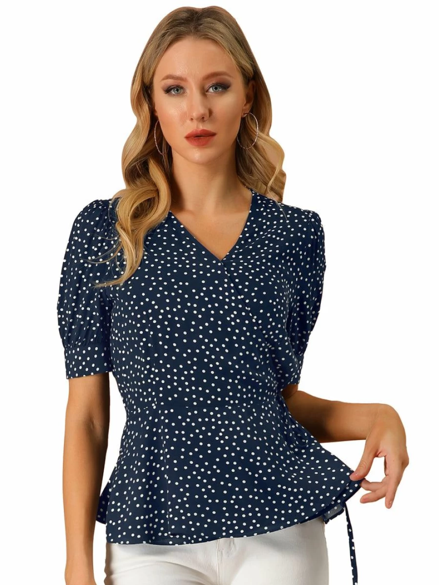 Women's Polka Dot Wrap Peplum Top with V-Neck and Short Sleeves