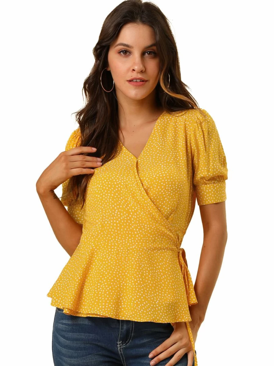 Women's Polka Dot Wrap Peplum Top with V-Neck and Short Sleeves