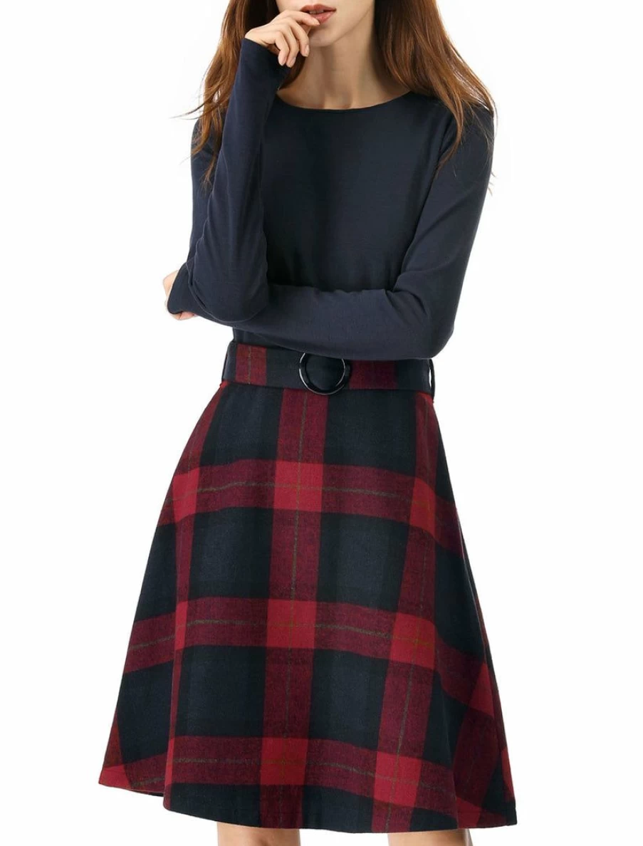 Elegant Plaid Long Sleeve A-Line Dress with Belt for Women - Timeless Round Neck Design