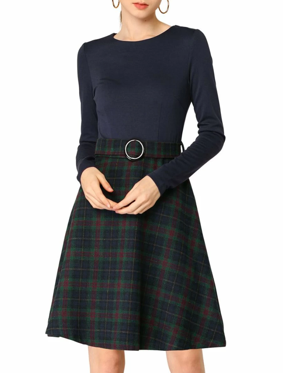 Elegant Plaid Long Sleeve A-Line Dress with Belt for Women - Timeless Round Neck Design