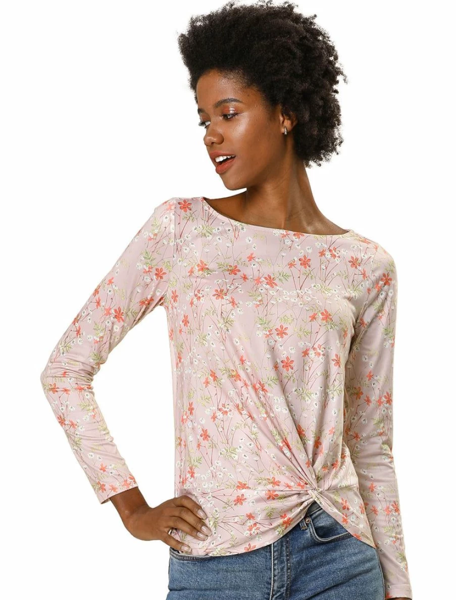 Pink Floral Print Women's Casual Long Sleeve Top with Asymmetrical Hem and Boat Neckline