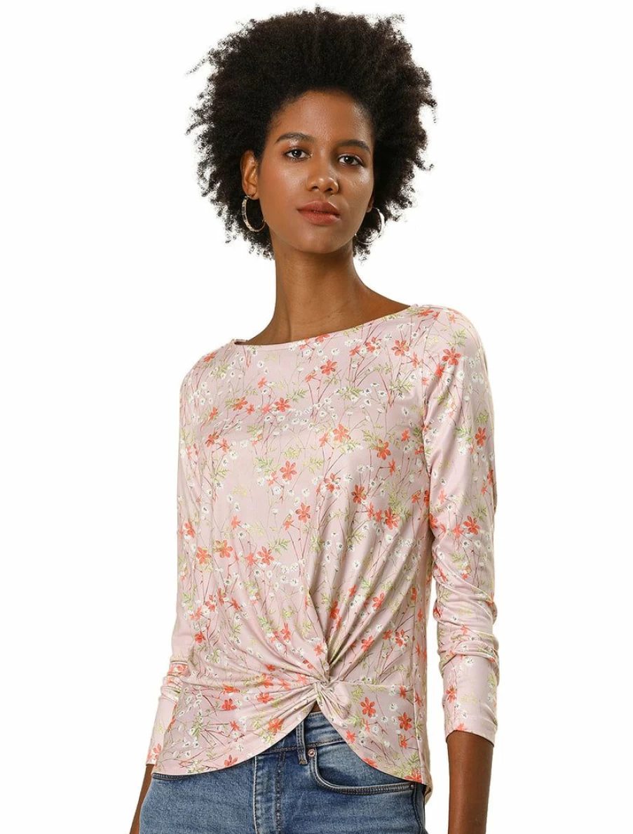 Pink Floral Print Women's Casual Long Sleeve Top with Asymmetrical Hem and Boat Neckline