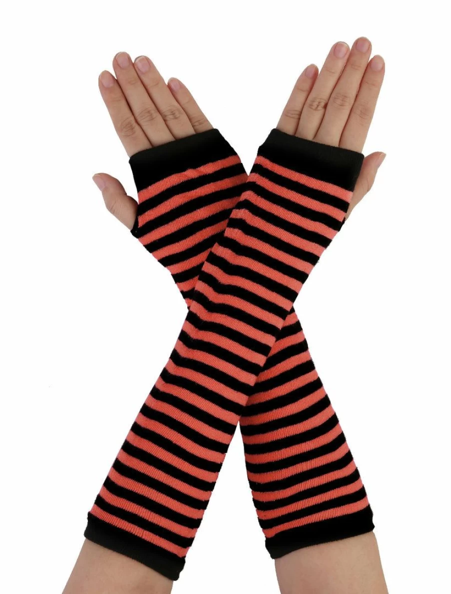 Women's Winter Fingerless Gloves with Thumbhole – Striped Elbow-Length Arm Warmers for Cold Weather