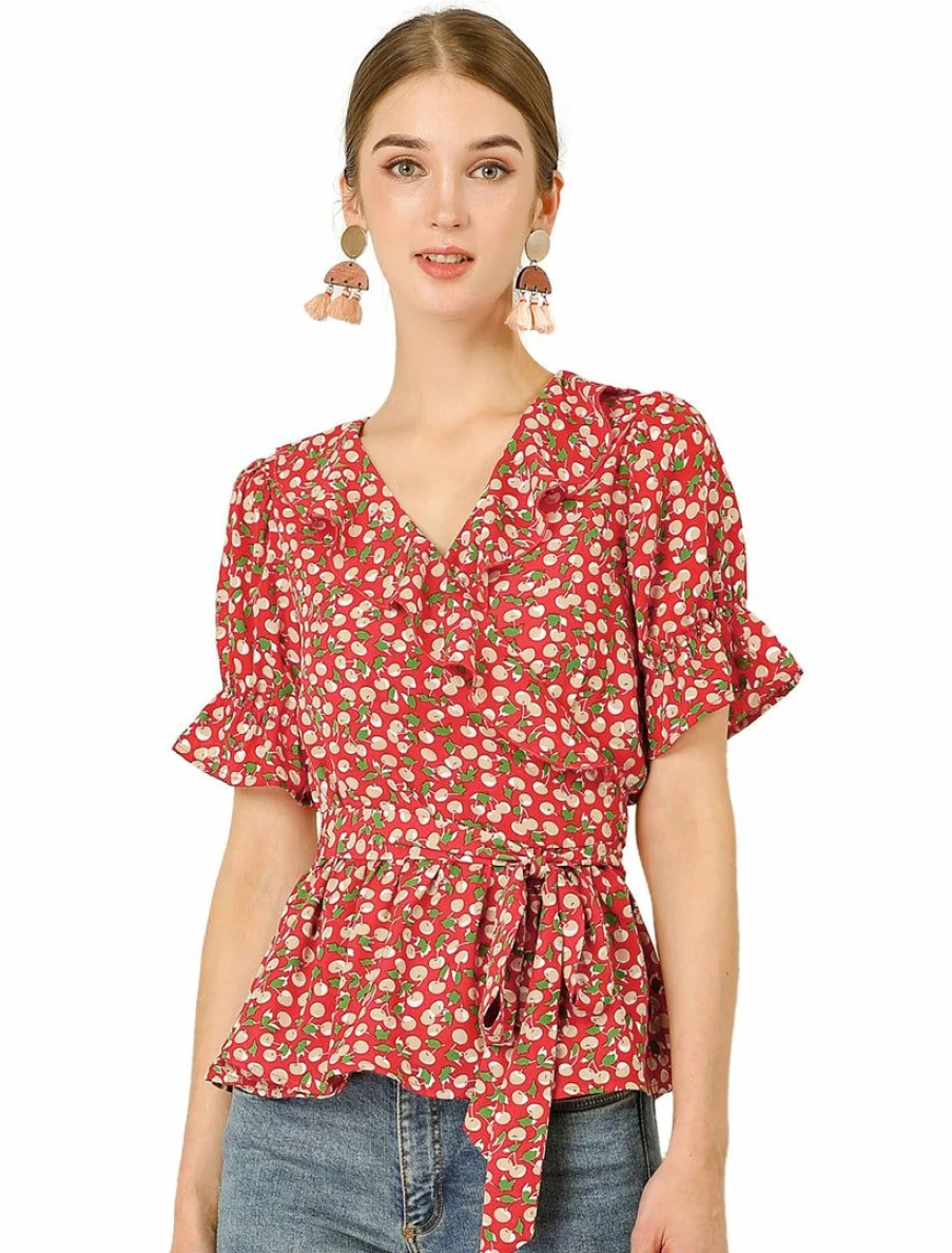 Women's Sweet Fruit Print Crossover V-Neck Ruffle Wrap Blouse Top