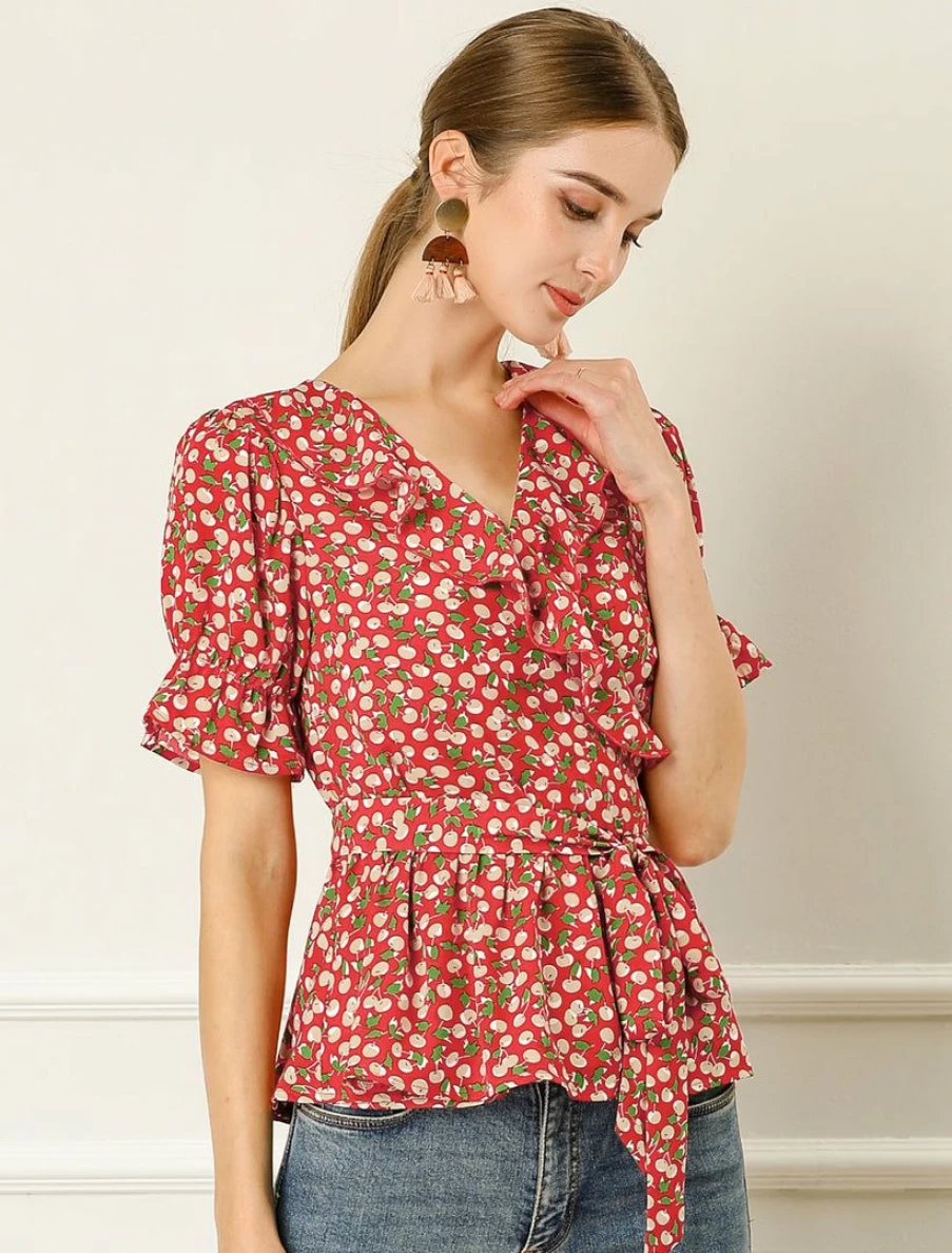 Women's Sweet Fruit Print Crossover V-Neck Ruffle Wrap Blouse Top