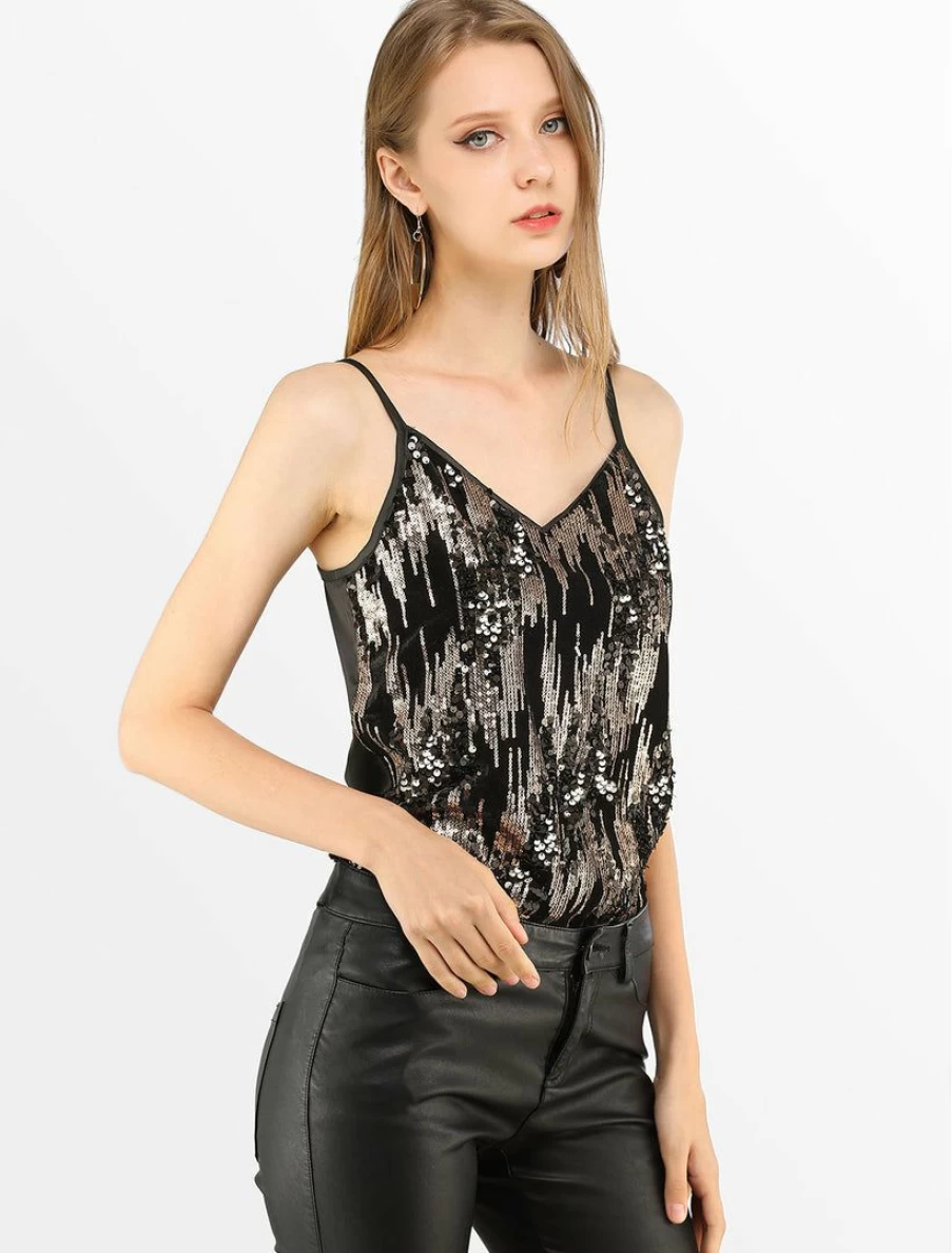 Black Sequin Adjustable Spaghetti Strap Sleeveless V-Neck Striped Cami Top for Women