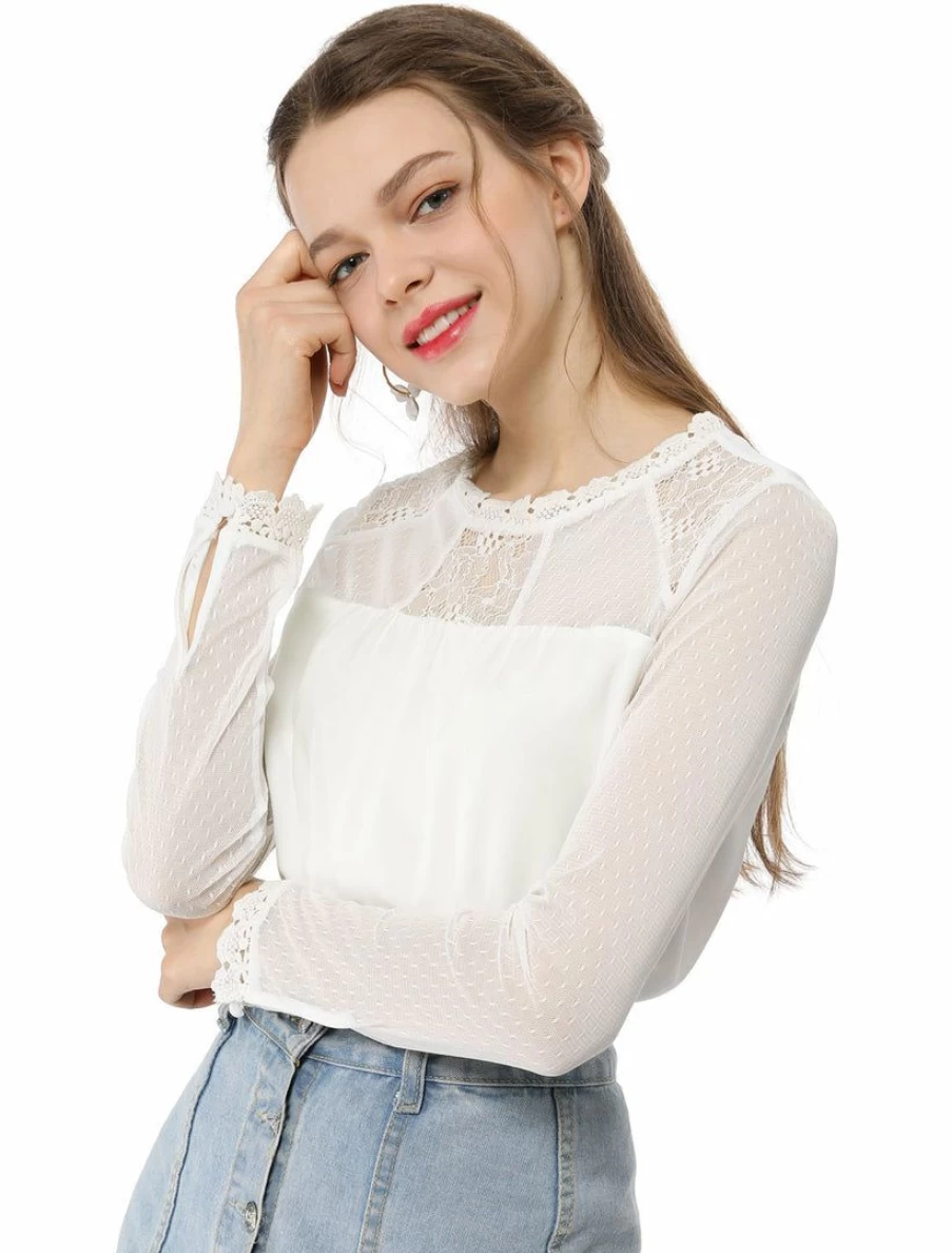 "Elegant Floral Lace Peasant Blouse for Women - Long Sleeve Crew Neck Bohemian Top"