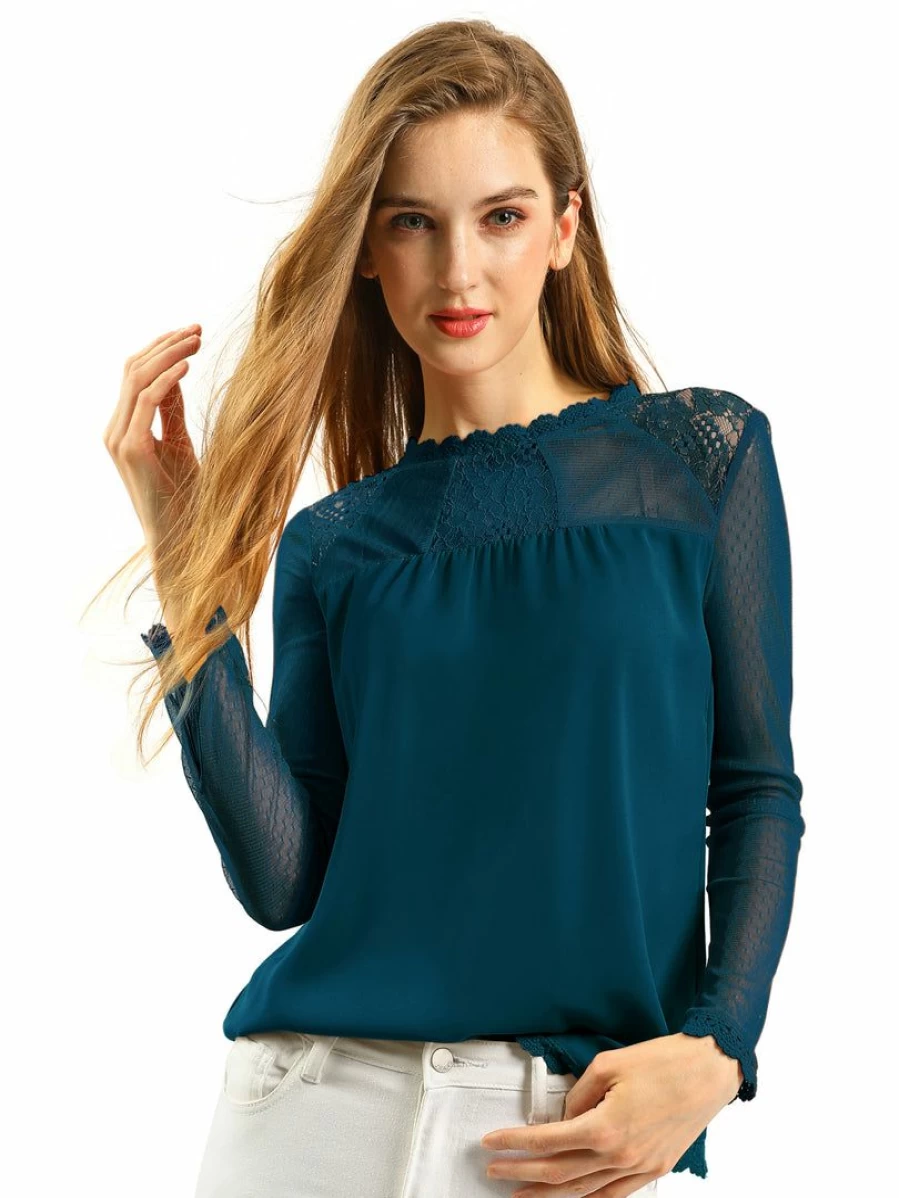 "Elegant Floral Lace Peasant Blouse for Women - Long Sleeve Crew Neck Bohemian Top"