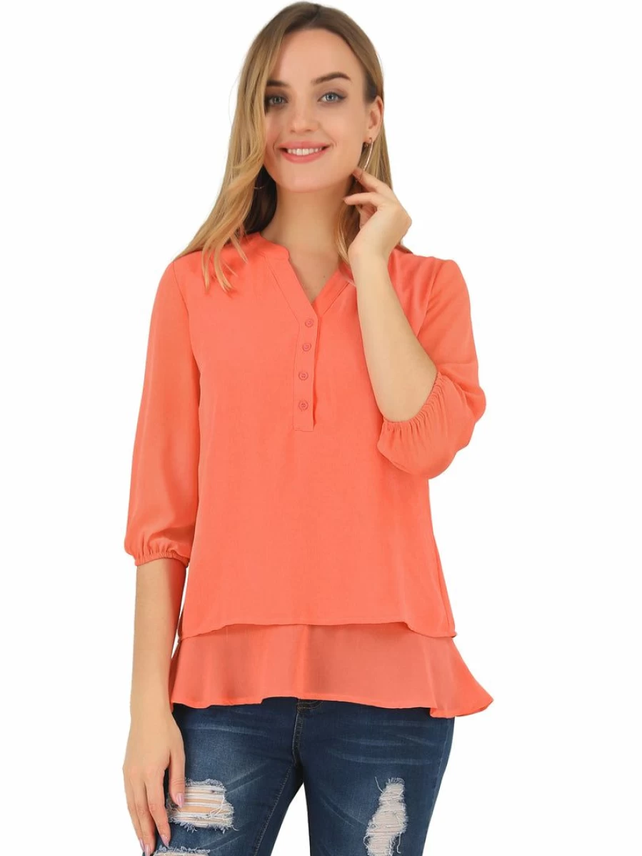 Allegra K Women's Coral Red Chiffon Tunic Top with Split Neck and 3/4 Sleeve Layer Hem