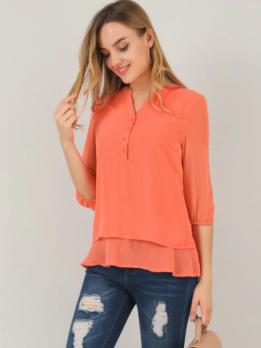 Allegra K Women's Coral Red Chiffon Tunic Top with Split Neck and 3/4 Sleeve Layer Hem