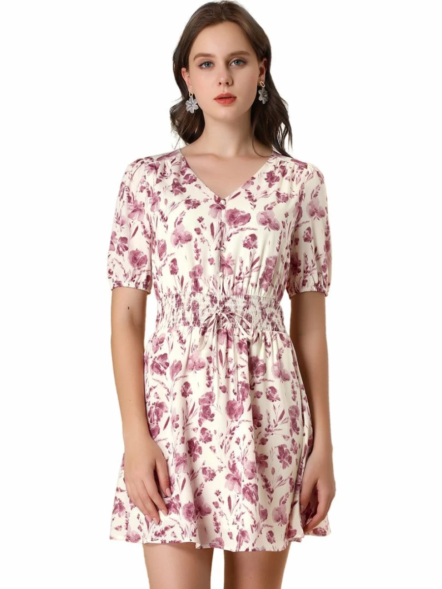 Allegra K Women's Pink Floral Summer Dress with V-Neck, Puff Sleeves, and Smocked Tie Waist