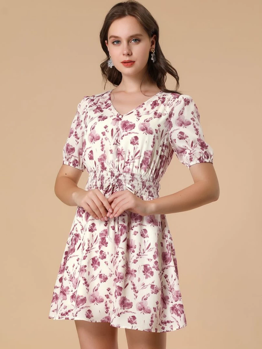 Allegra K Women's Pink Floral Summer Dress with V-Neck, Puff Sleeves, and Smocked Tie Waist