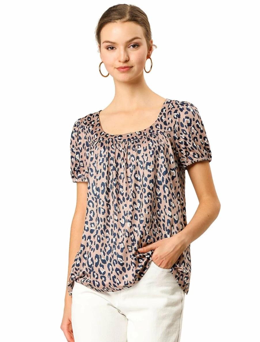 Women's Leopard Print Pleated U-Neck Short Sleeve Knit T-Shirt Casual Animal Pattern Top