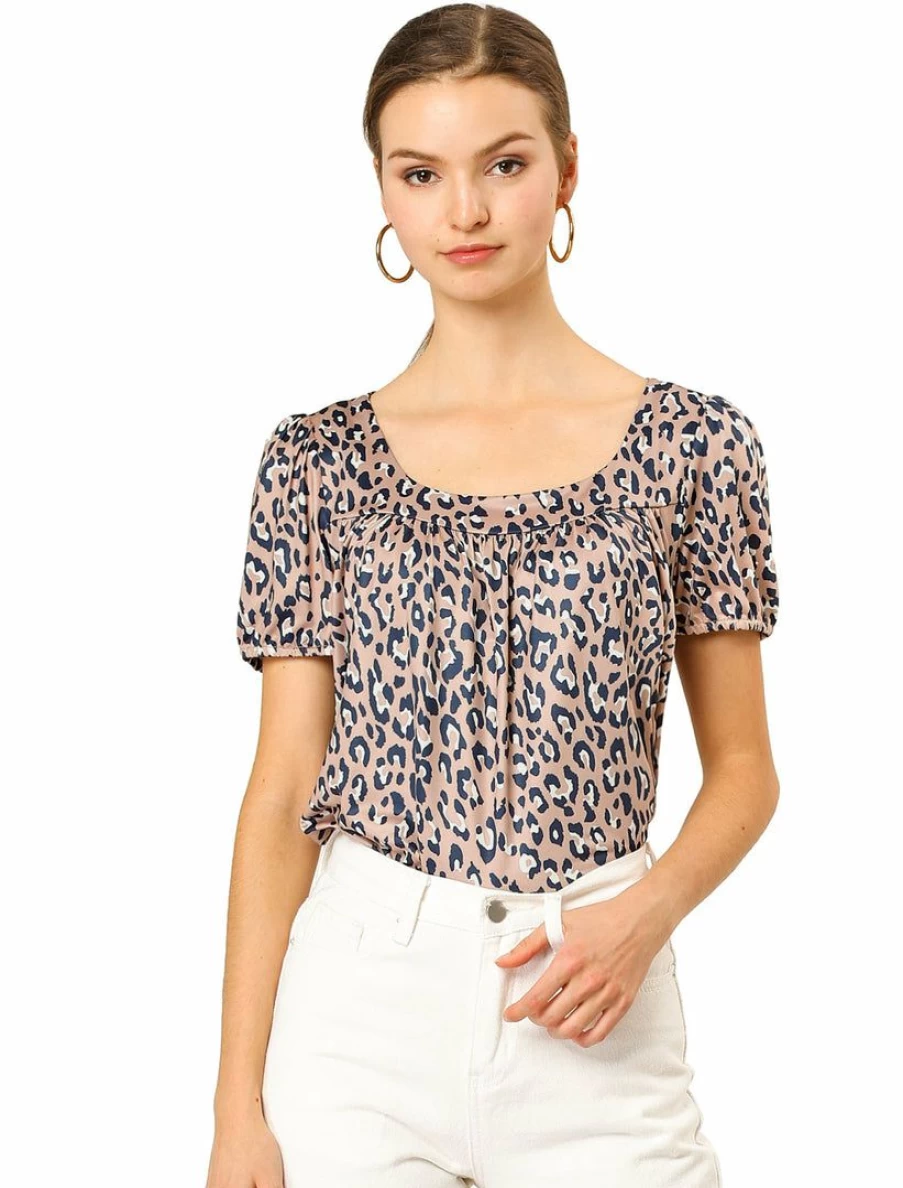 Women's Leopard Print Pleated U-Neck Short Sleeve Knit T-Shirt Casual Animal Pattern Top