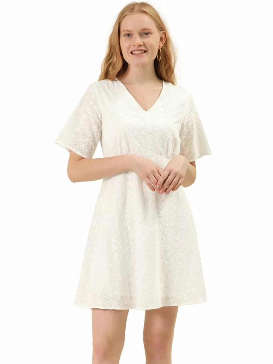 Allegra K Women's Vintage White Peasant Dress with V-Neck and Bell Sleeves, Flowy Mini A-Line Dress
