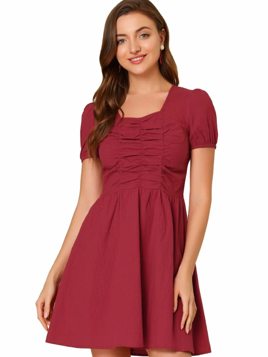 Red Women's Square Neck Puff Short Sleeve Ruch Front A-Line Dress
