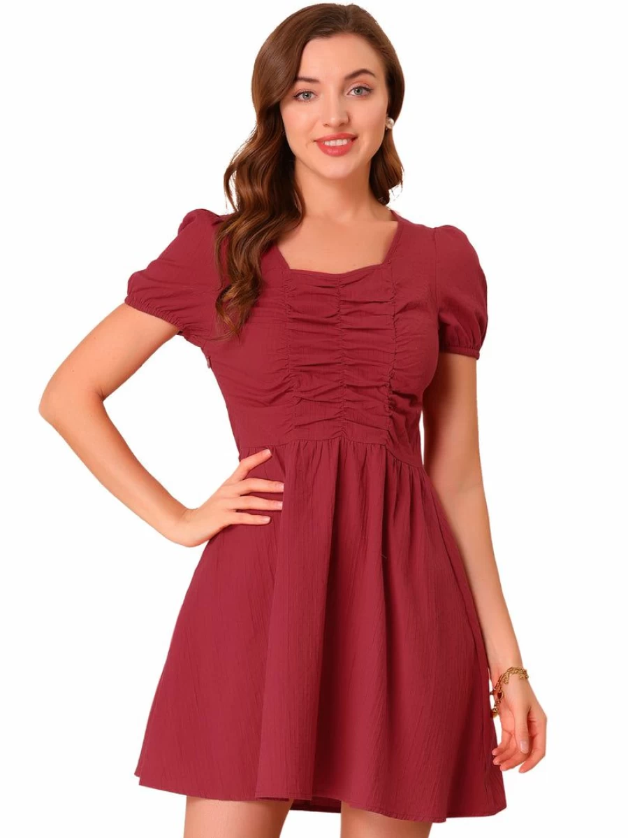 Red Women's Square Neck Puff Short Sleeve Ruch Front A-Line Dress