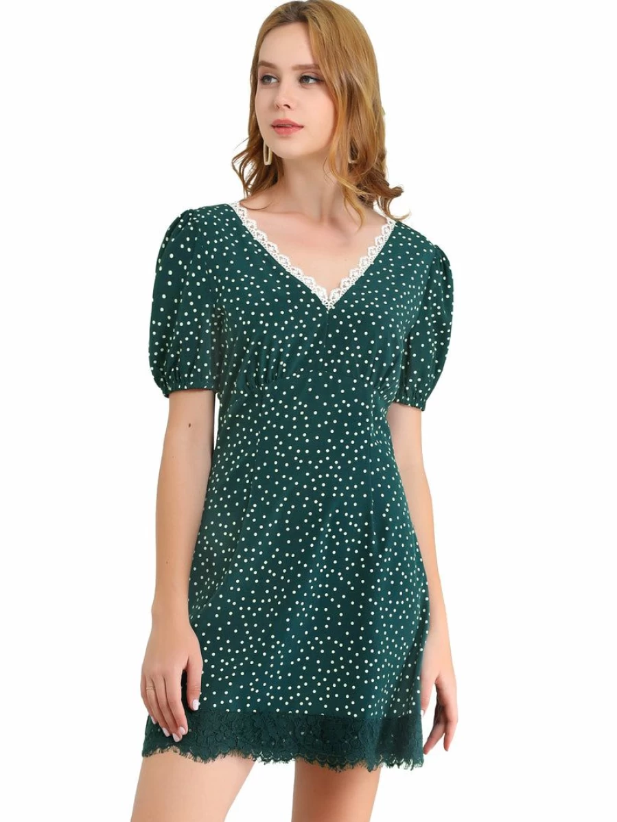 Allegra K Women's Dark Green Vintage Polka Dot Dress with Lace Trim, Deep V Neck, and Bubble Sleeves