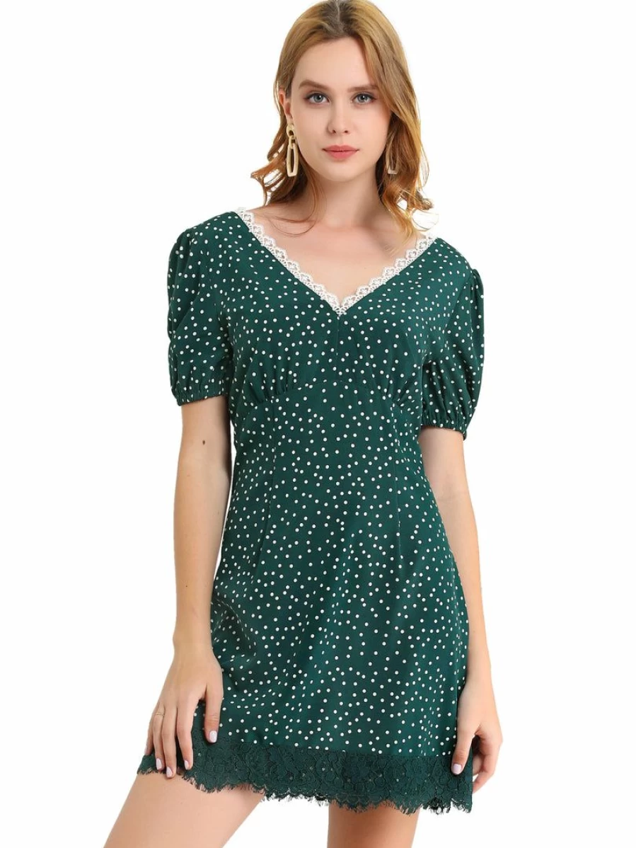 Allegra K Women's Dark Green Vintage Polka Dot Dress with Lace Trim, Deep V Neck, and Bubble Sleeves
