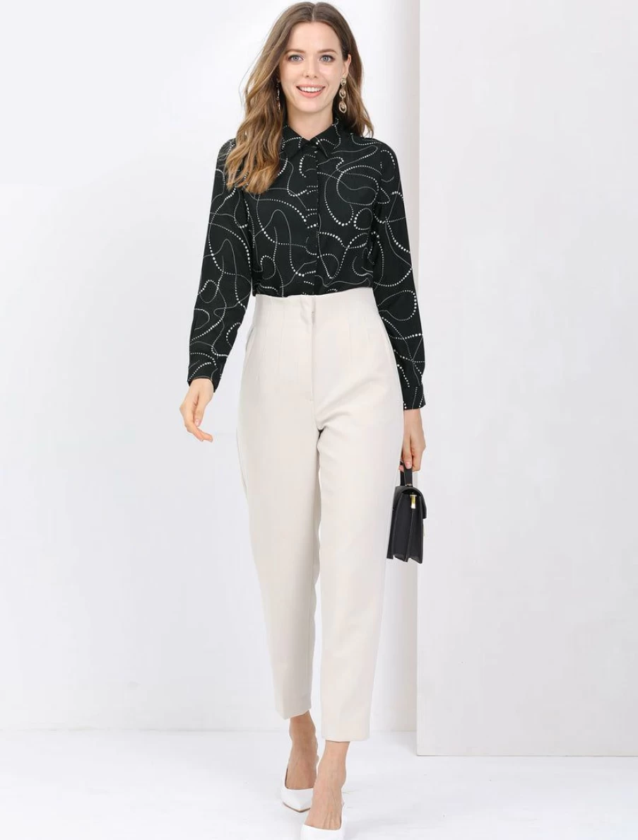 Allegra K Women's Black Long Sleeve Button-Up Blouse with Dots Point Collar for Business Wear
