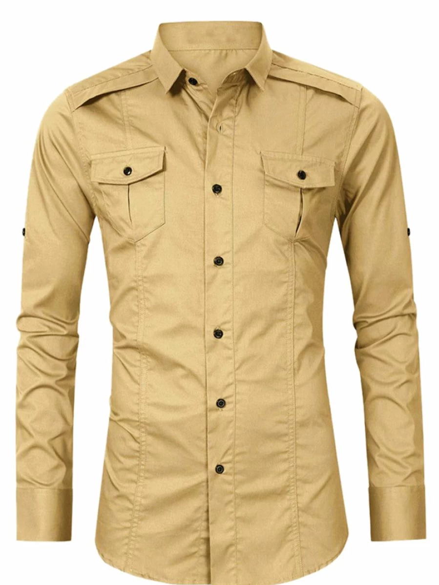 Men's Long Sleeve Cargo Shirt Regular Fit Button Down Safari Work Top
