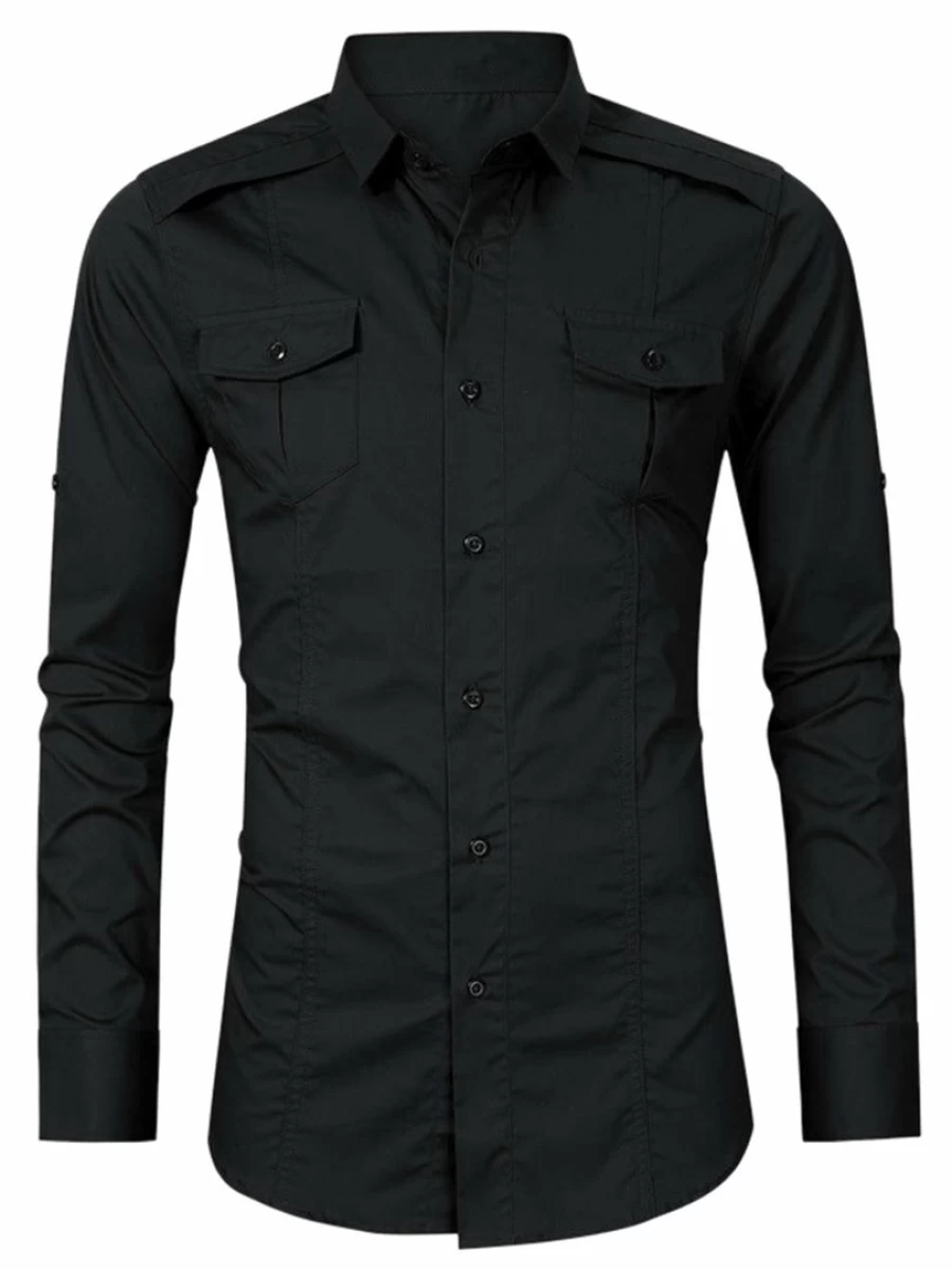 Men's Long Sleeve Cargo Shirt Regular Fit Button Down Safari Work Top