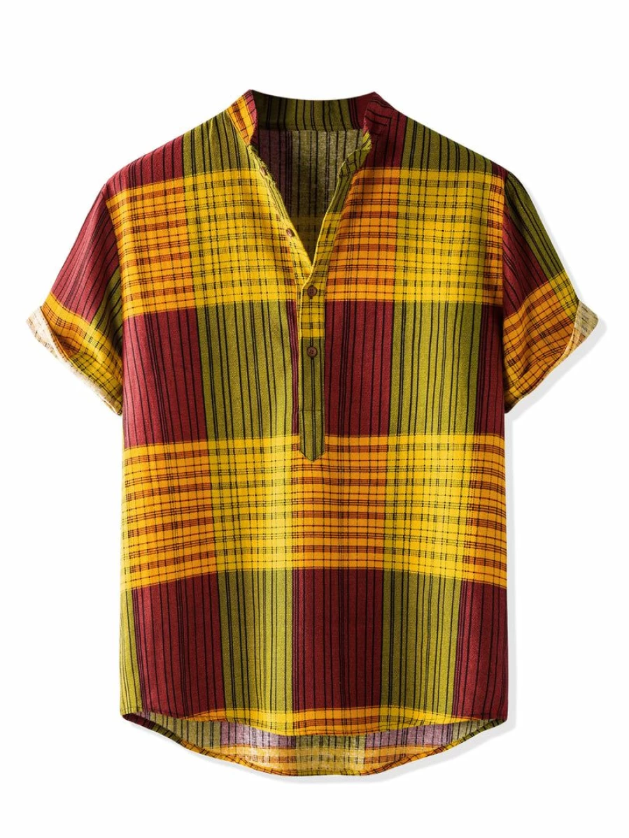 Men's Short Sleeve Linen Henley Shirt - Color Block Pattern Button Down Casual Top