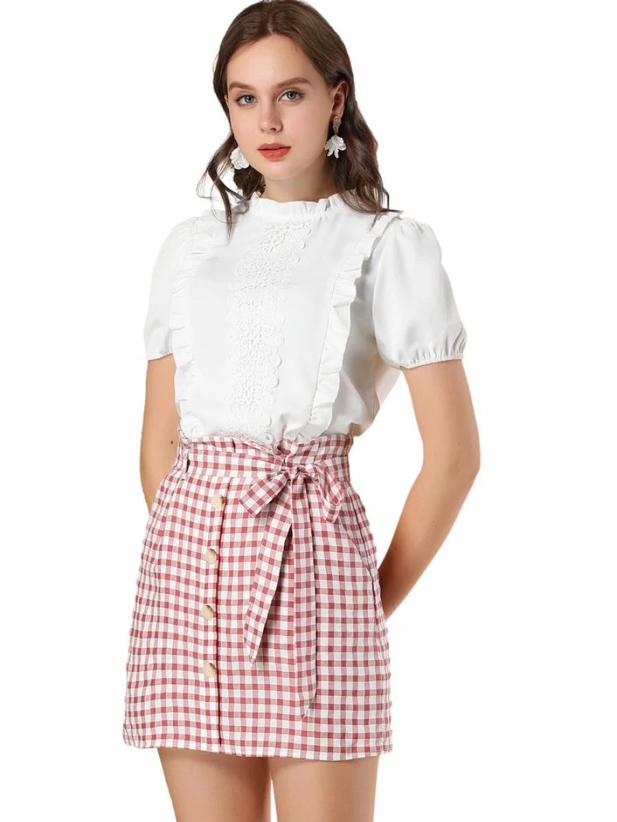 Pink High Waist Plaid Mini Skirt with Side Pockets and Tie Belt - Cotton Smocked Skirt for Women