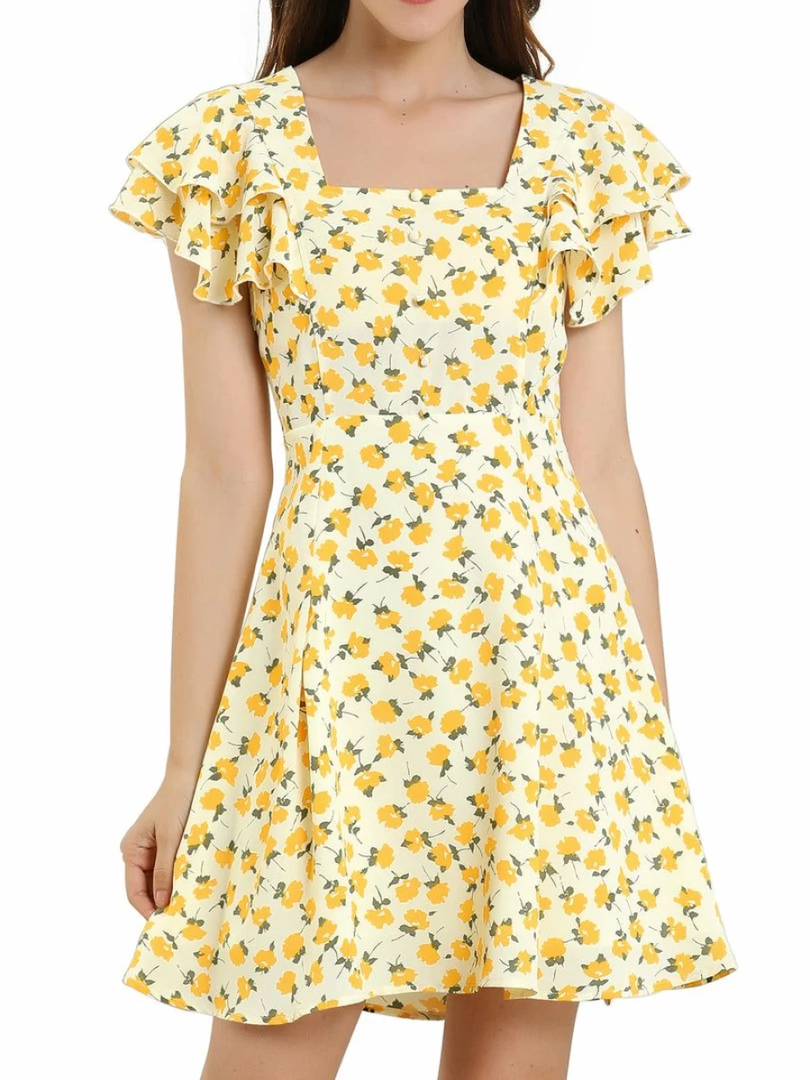 Allegra K Women's Yellow Floral Printed Square Neck Ruffled Sleeves Pleated Dress