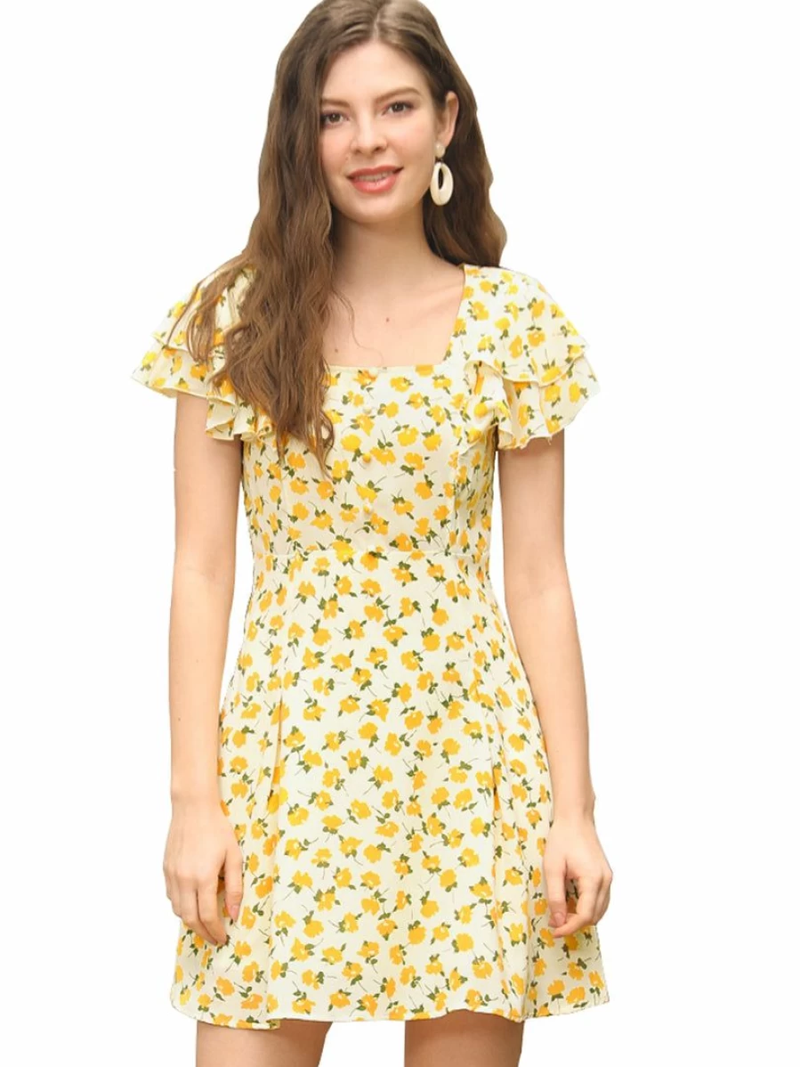 Allegra K Women's Yellow Floral Printed Square Neck Ruffled Sleeves Pleated Dress