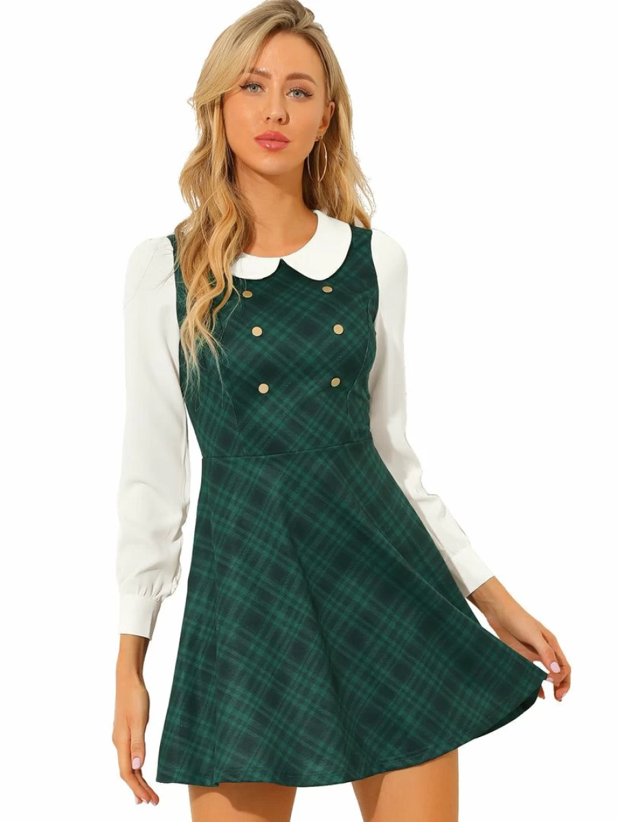 Women's Vintage Plaid Fit & Flare Dress with Doll Collar & Contrast Button Decor