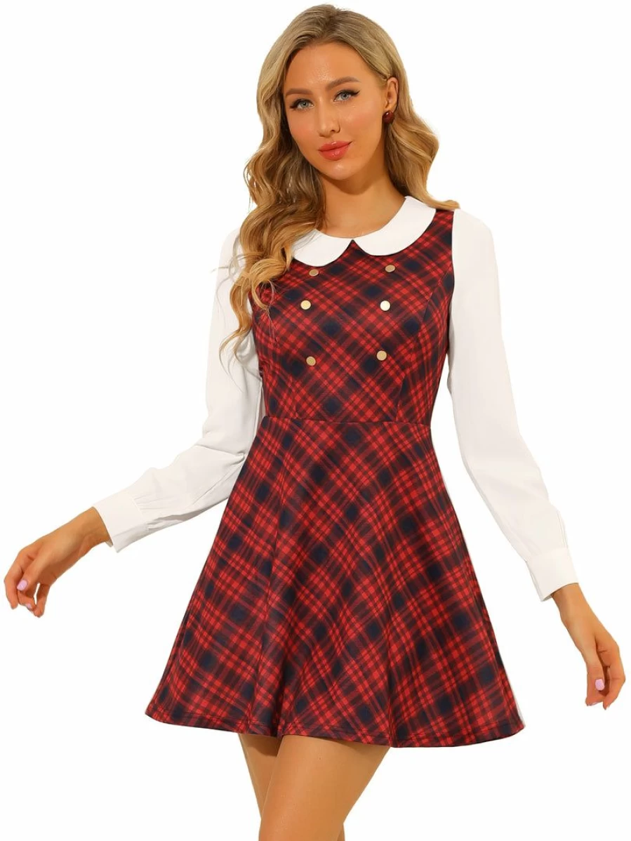 Women's Vintage Plaid Fit & Flare Dress with Doll Collar & Contrast Button Decor