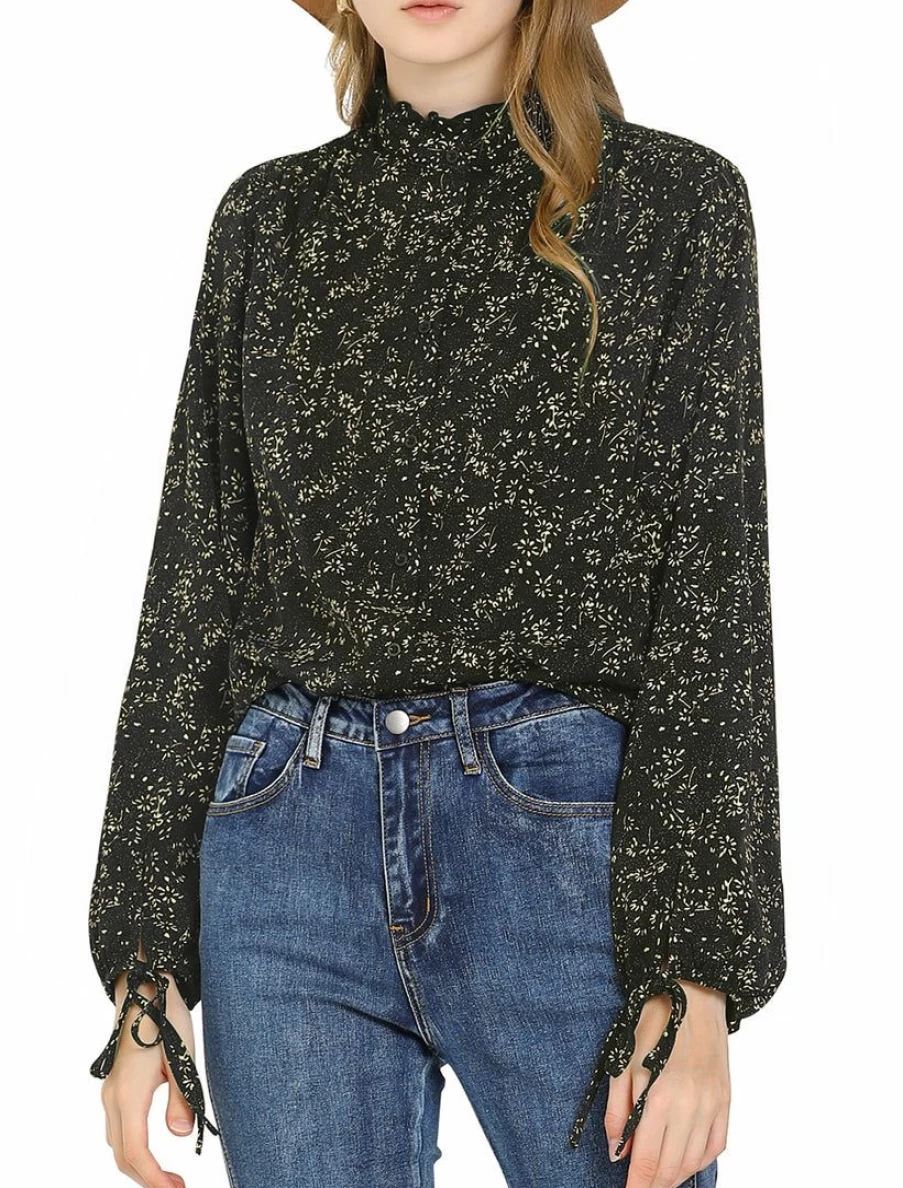 Allegra K Women's Black Floral Blouse with Ruffle Neck and Button Up Design