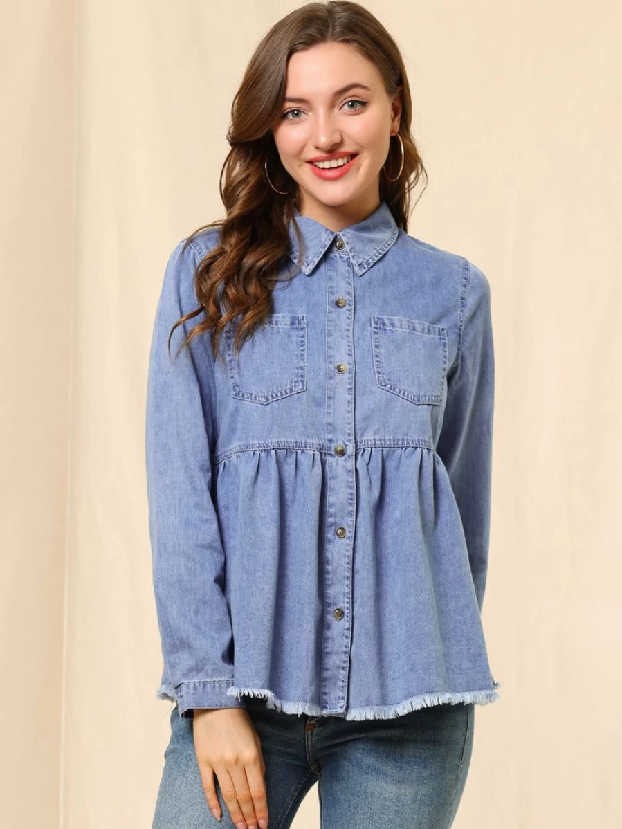 Light Blue Women's Long Sleeve Peplum Denim Shirt with Button Down Design