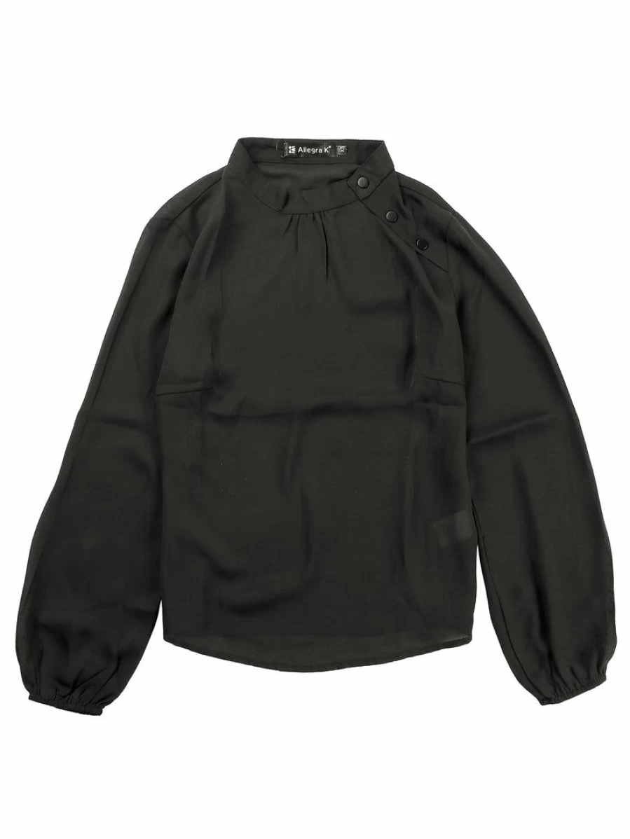 Elegant Black Chiffon Blouse for Women with Stand Collar - Semi-Sheer Work Top