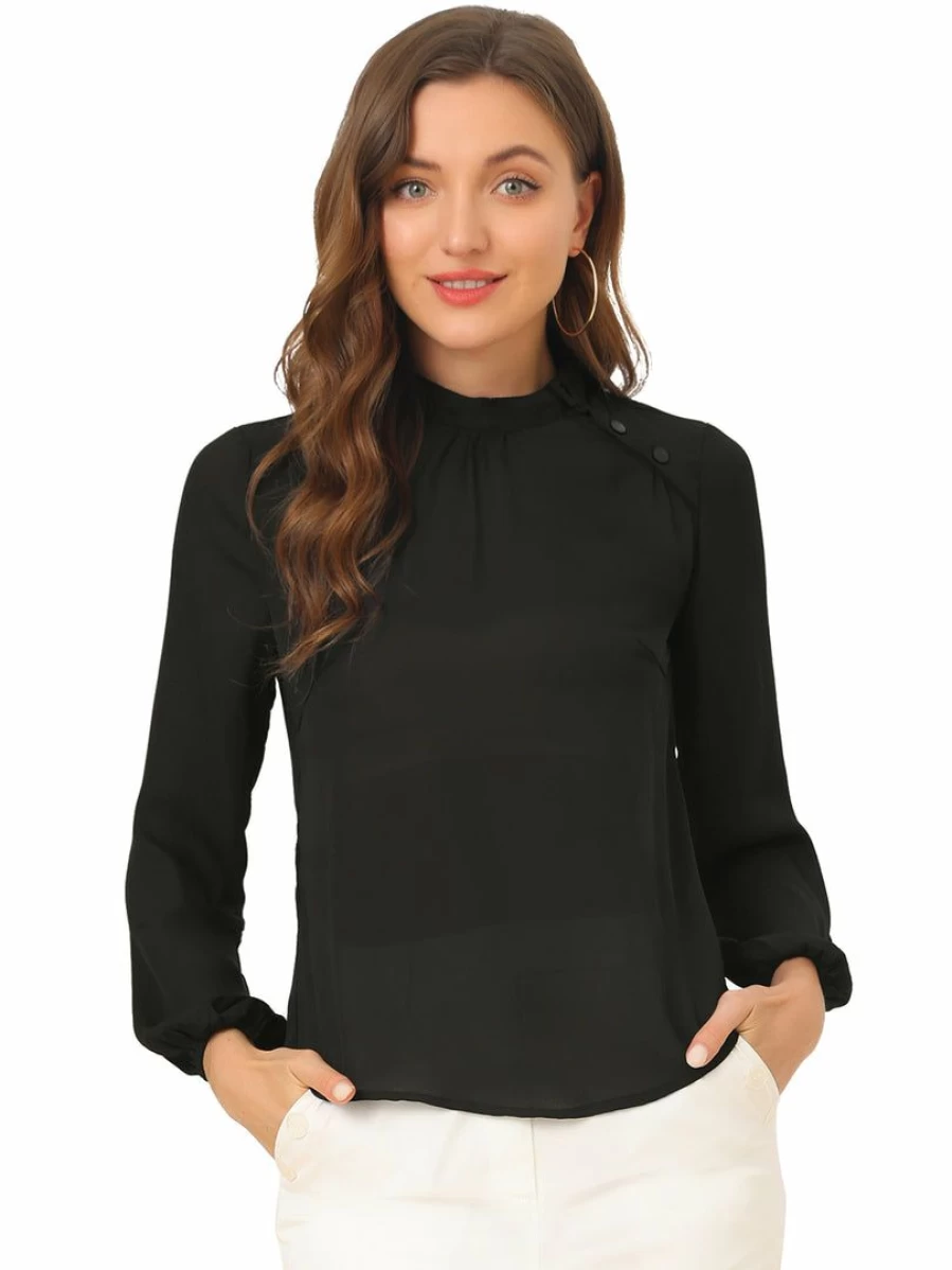 Elegant Black Chiffon Blouse for Women with Stand Collar - Semi-Sheer Work Top