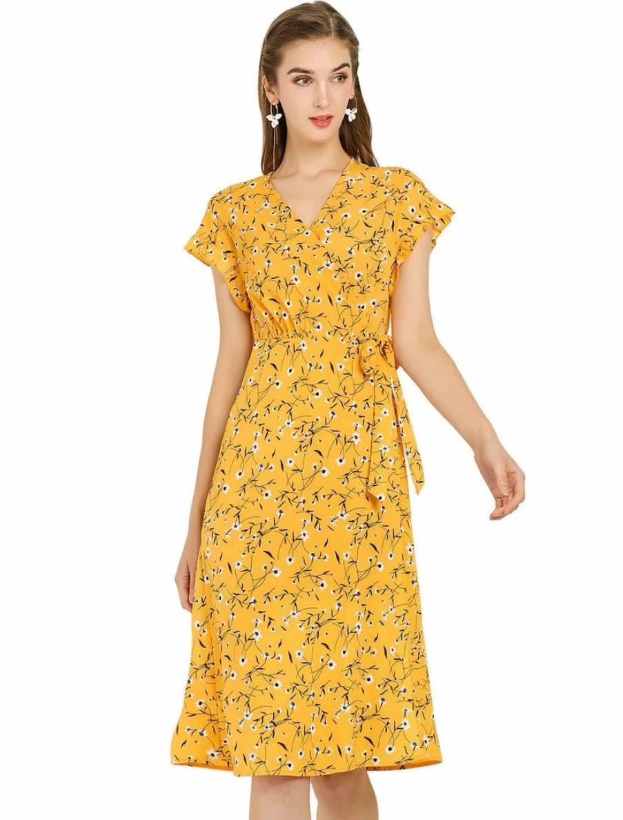 Allegra K Women's Floral Wrap Dress with Ruffle Trim and Self-Tie Belt for Elegant Midi Length Style
