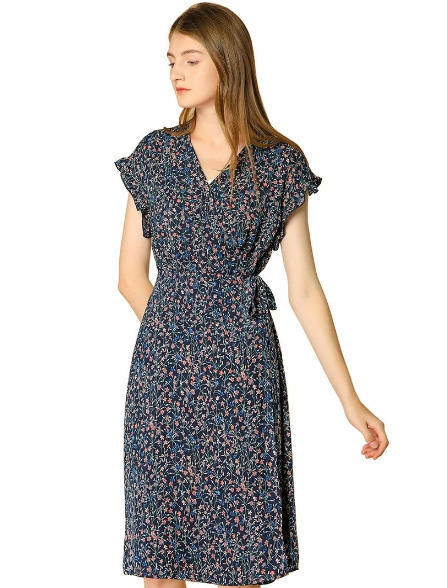 Allegra K Women's Floral Wrap Dress with Ruffle Trim and Self-Tie Belt for Elegant Midi Length Style