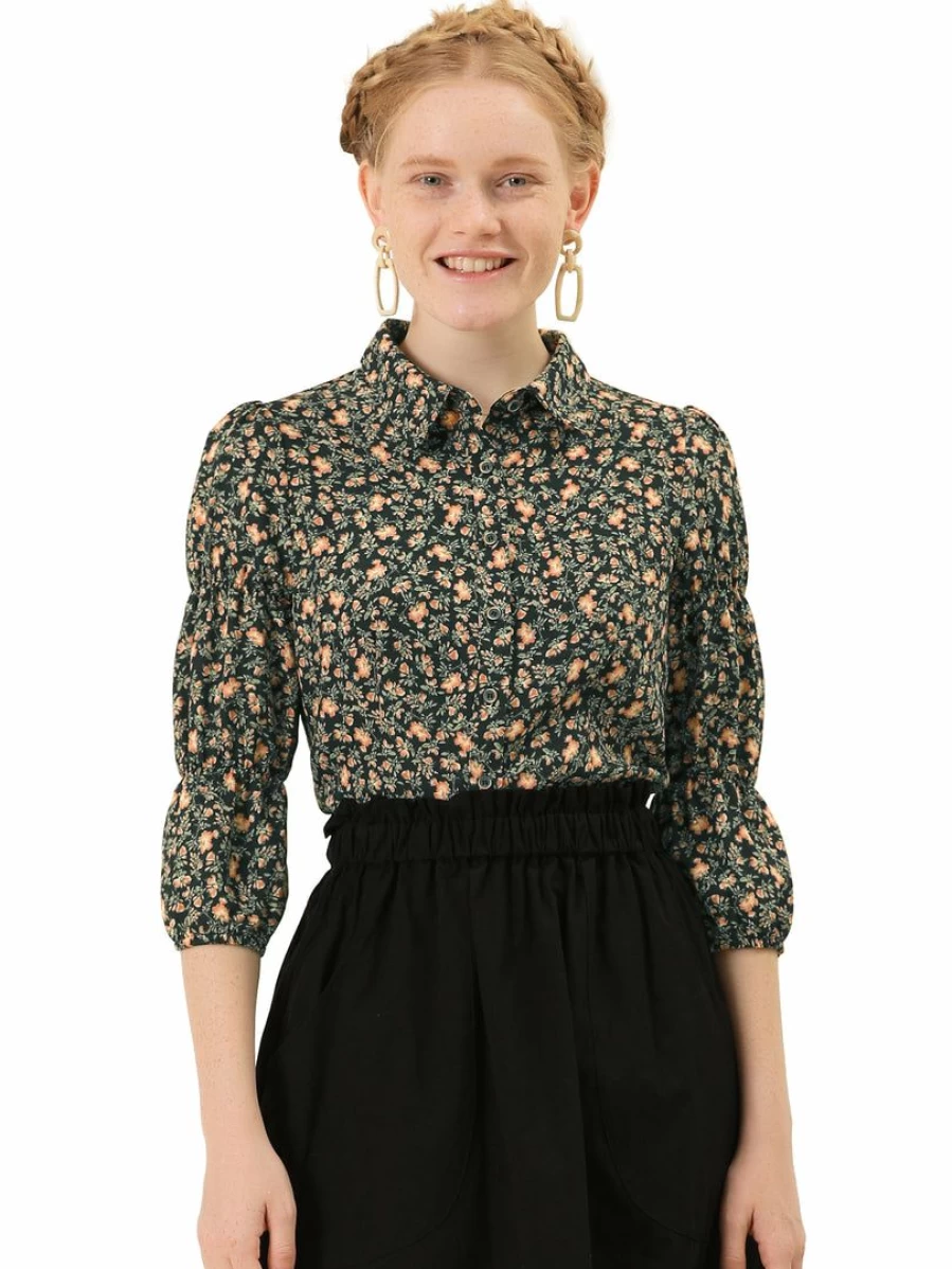 Allegra K Women's Black Floral Peasant Shirt with Puff 3/4 Sleeves and Turndown Collar