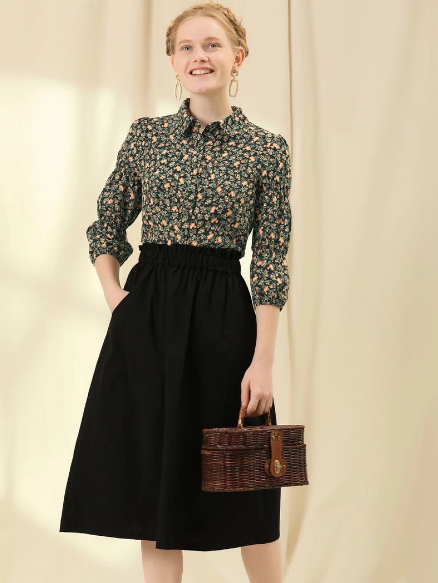 Allegra K Women's Black Floral Peasant Shirt with Puff 3/4 Sleeves and Turndown Collar