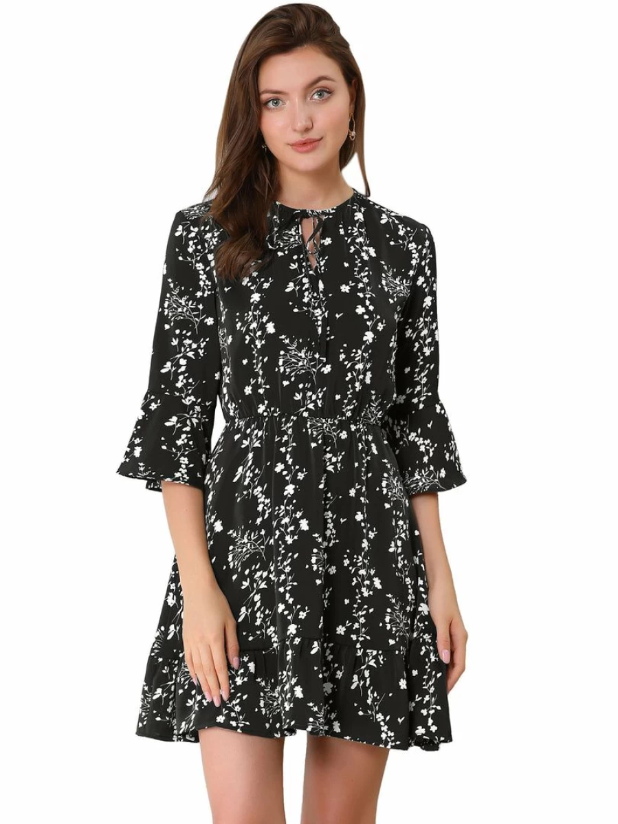 Black Floral Ruffle Hem Dress with 3/4 Sleeves & Tie Neck for Women