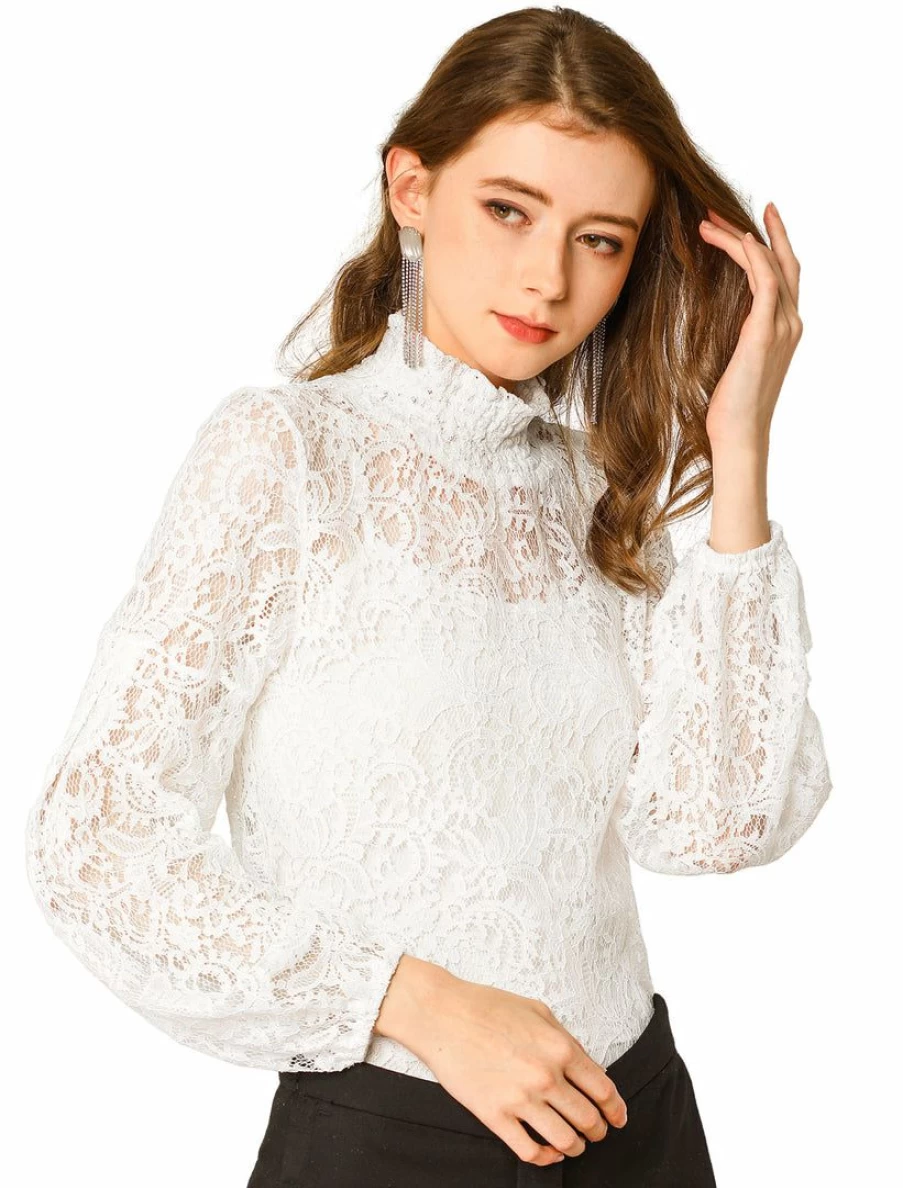 Vintage Lace Turtleneck Blouse for Women Long Sleeve Semi-Sheer Lace Top Elegant Feminine Shirt