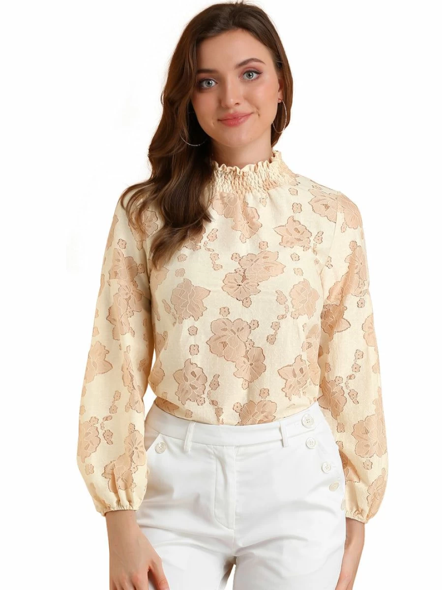 Vintage Lace Turtleneck Blouse for Women Long Sleeve Semi-Sheer Lace Top Elegant Feminine Shirt