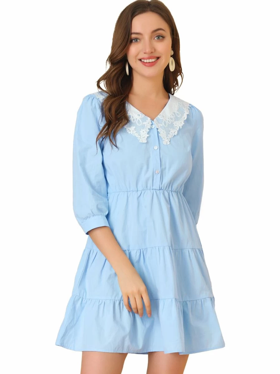 Light Blue Women's 3/4 Sleeve V-Neck Cotton Dress with Contrast Collar and Half Placket