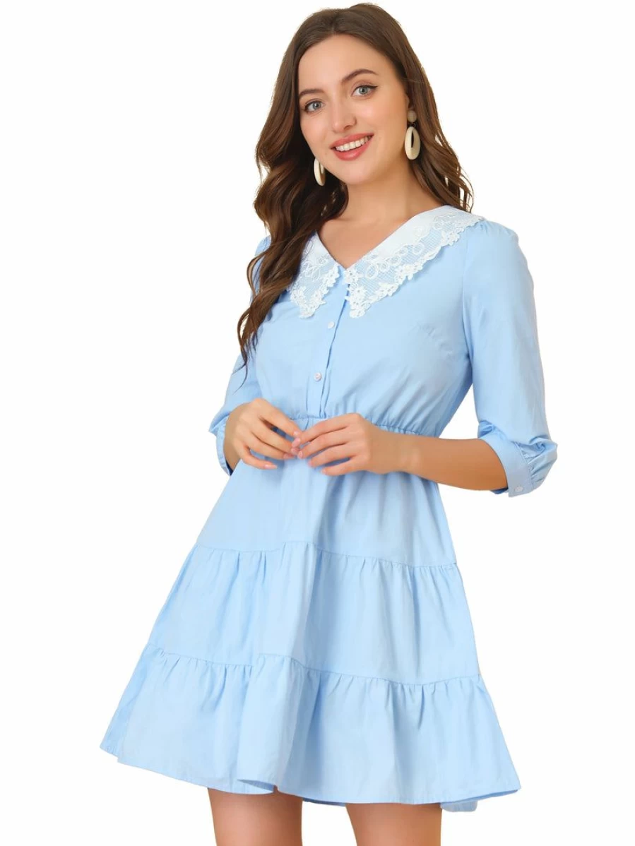 Light Blue Women's 3/4 Sleeve V-Neck Cotton Dress with Contrast Collar and Half Placket